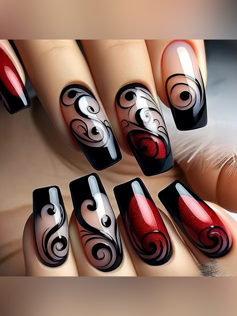 Black & Red Swirl Nail Art Acrylic Set